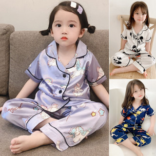 1 至 6 歲兒童女孩絲綢 Terno 睡衣夏季襯衫上衣短袖 + 長褲睡衣套裝女嬰套裝