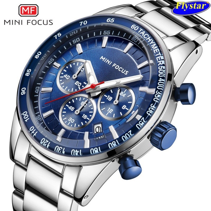 MINI FOCUS品牌商務男表多功能機芯日曆夜光防水手錶精鋼錶帶0187G