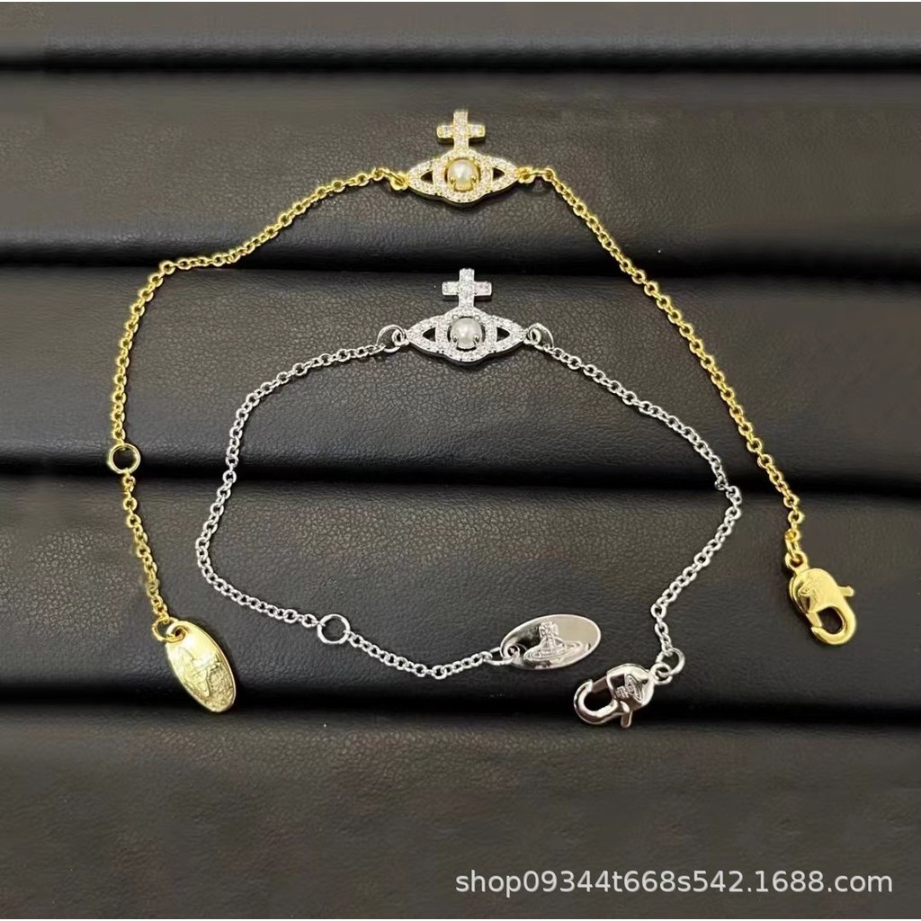 Vivienne Westwood  十字滿鑽珍珠鏤空土星手鍊 輕奢高級創意個性設計