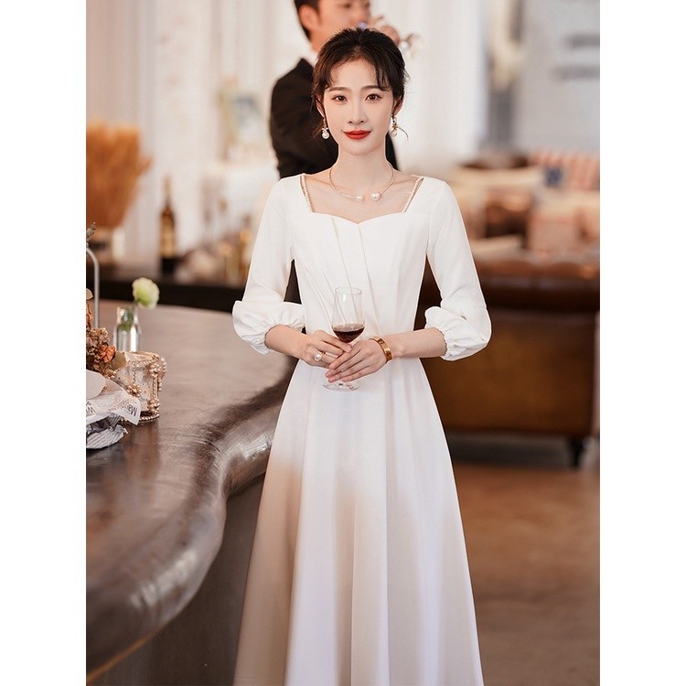 洋裝小禮服女新款長袖宴會氣質感白色洋裝年會晚禮服