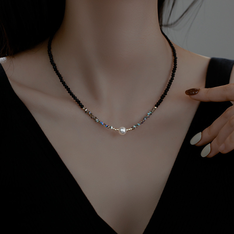 鈦鋼黑尖晶石淡水珍珠項鍊韓版時尚串珠鎖骨鏈設計抖音同款毛衣鏈