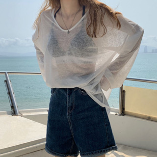 M-4XL 大尺碼V領防曬衫 白色罩衫女夏季薄款外搭設計感小眾冰絲上衣套頭透視長袖沙灘防曬服