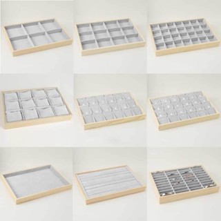 [首飾展示盤]純實木珠寶首飾櫃臺絨布灰色戒指耳戒指手鐲收納盒翡翠展示格子盤