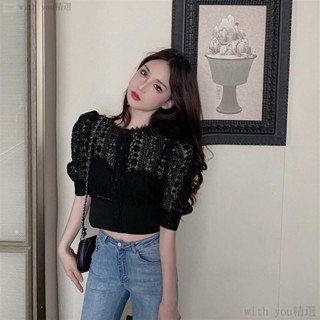 2022年夏季新款設計感襯衫泡泡袖法式別緻白色小衫蕾絲短袖女上衣 韓國ins很僊的上衣蕾絲勾花鏤空短袖襯衫withy