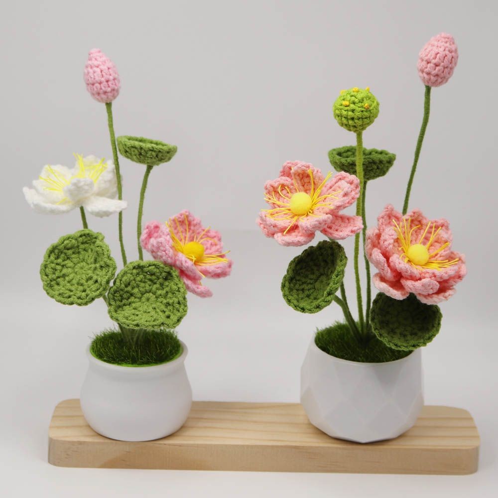 🌸精選成品🌸永生花成品手工毛線編織鉤織仿真花荷花盆栽荷花假花裝飾品禮物桌面擺件