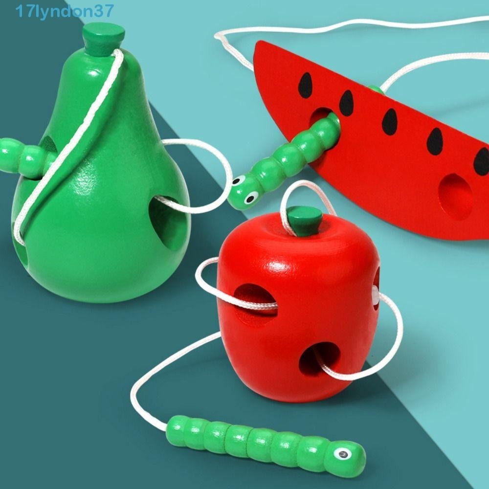 LYNDONB蟲子吃水果益智玩具:,蟲子吃水果:木製的蒙台梭利感官木製玩具,早期學習梨有趣的木製穿線玩具