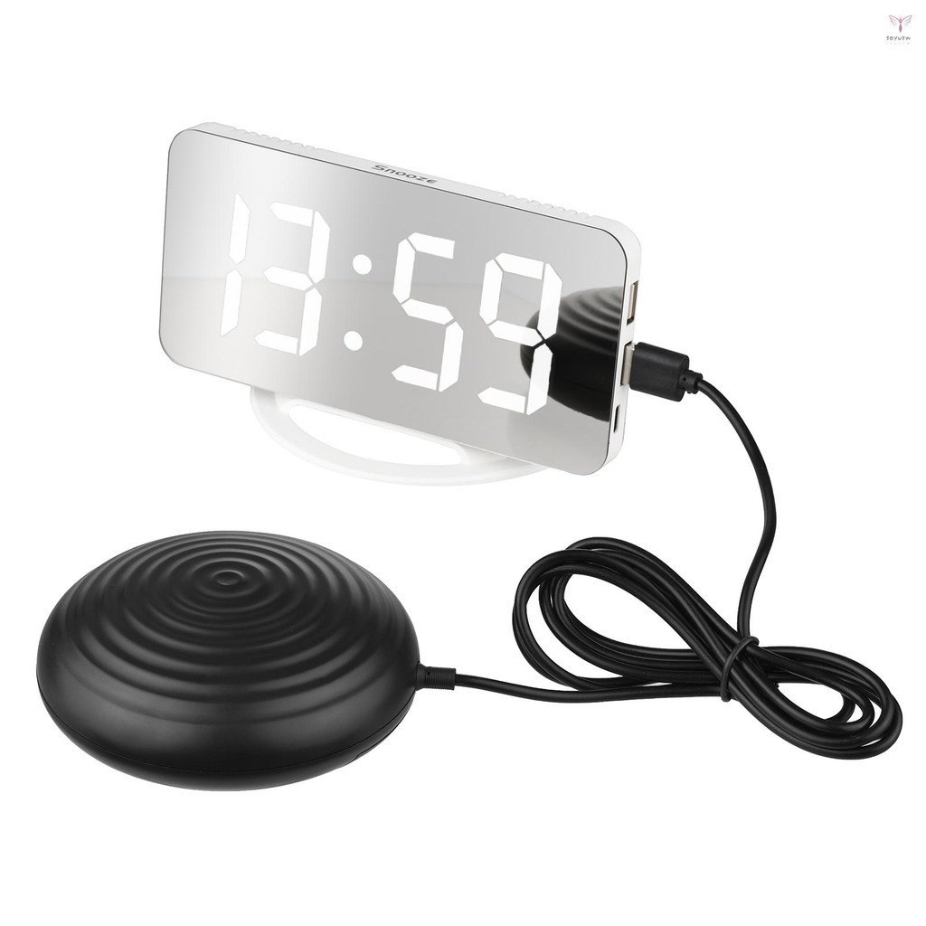 振動鬧鐘數字鏡子鬧鐘,帶大屏幕可調節亮度雙 USB 端口貪睡模式,適用於重度睡眠者