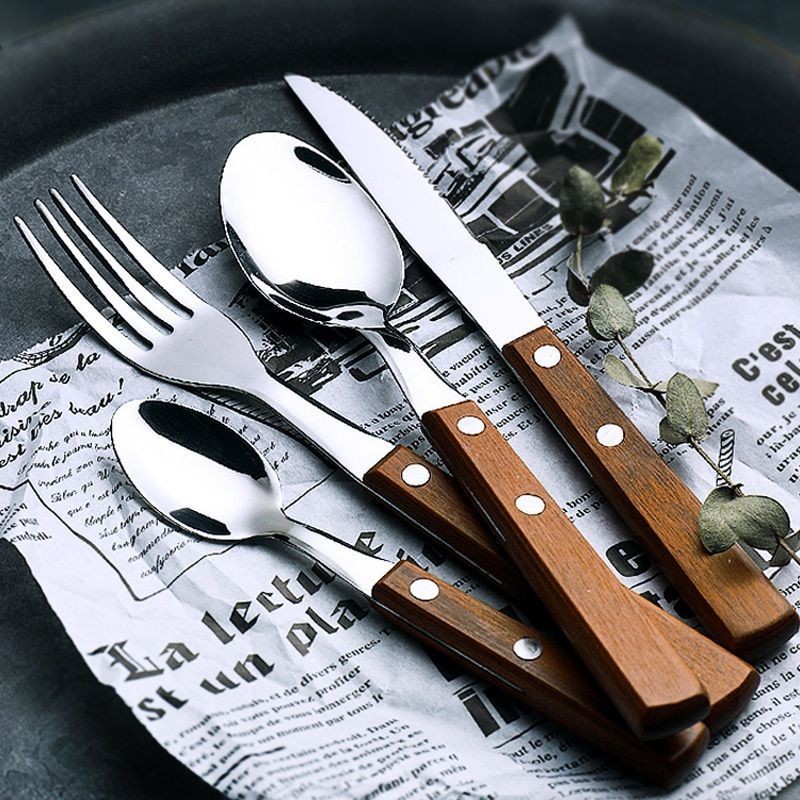 【現貨】木柄刀叉勺304不鏽鋼西餐牛排刀叉套裝家用鐵板燒牛扒刀料理餐具