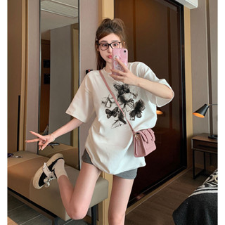 塗鴉蝴蝶短袖T恤女夏季日韓新款寬鬆純棉上衣潮