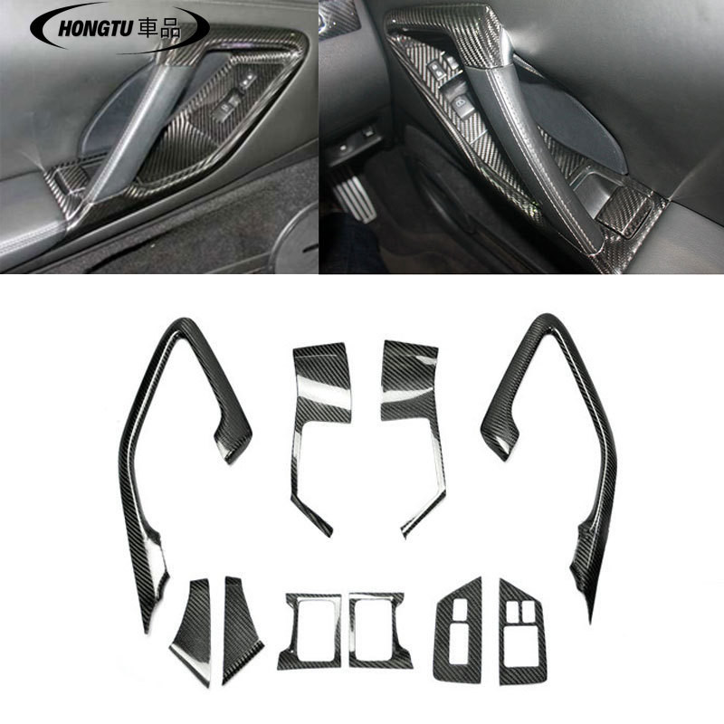 適用左右駕Nissan GTR35真碳纖維改裝門拉手車窗按鈕貼片10件套內飾