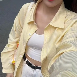 【HOT 本舖】 設計感條紋Polo領襯衫外套女夏季防曬襯衣寬鬆休閒開衫中長款上衣