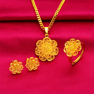 越南沙金女士項鍊仿黃金花朵吊墜歐幣久不掉色戒指首飾