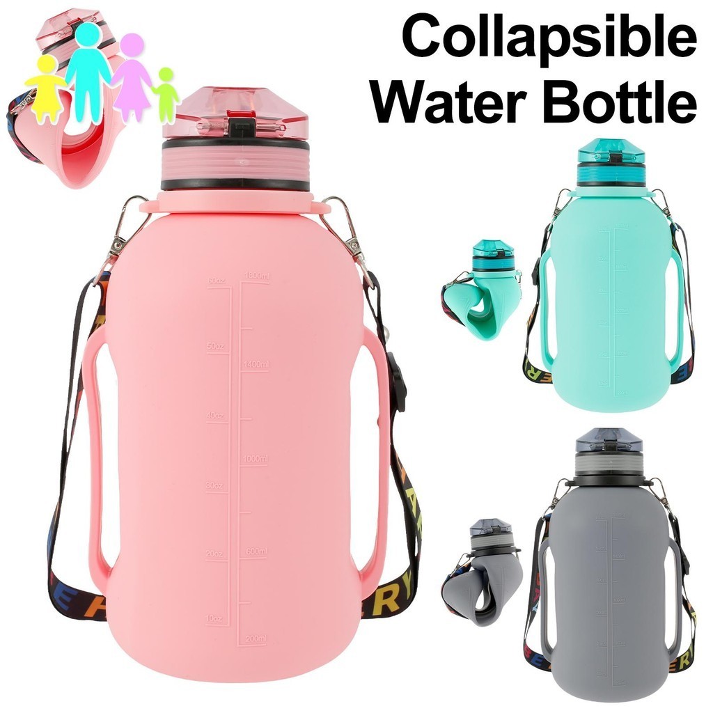 可折疊水瓶 2L/64oz 運動水壺帶水測量標記和時間標記可折疊水瓶帶手柄不含 BPA 矽膠水瓶 SHOPTKC8613