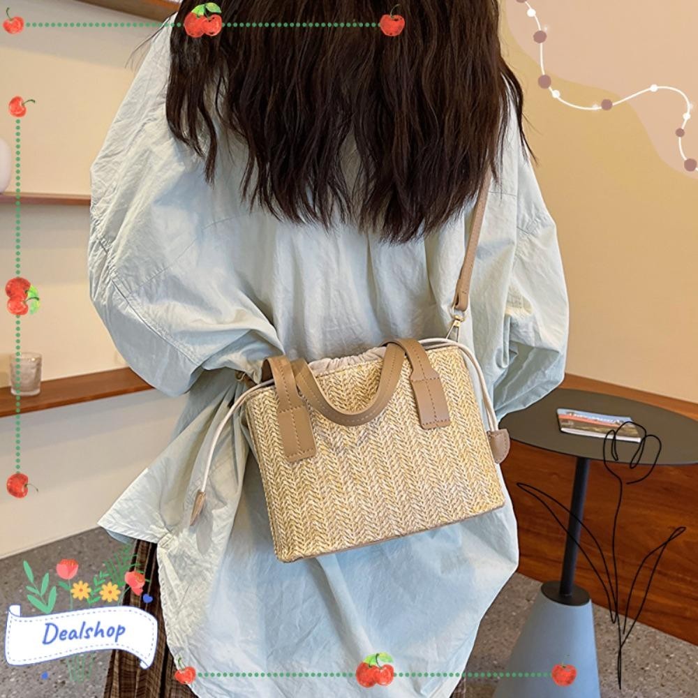 DEALSHOP夏季草編編織袋,稻草方形女士手提包,購物袋