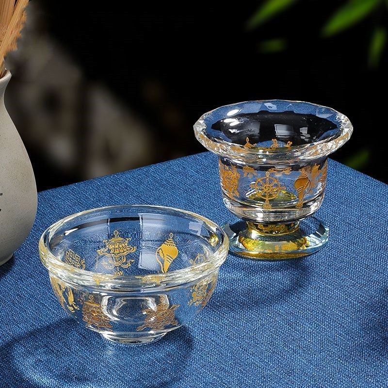 ‹供佛碗›現貨 供水杯供fo杯水晶玻璃碗八吉祥描金素色玻璃供水杯家用  供碗