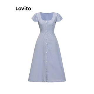 Lovito 女休閒條紋扣環正面結構線條洋裝 LBL09352