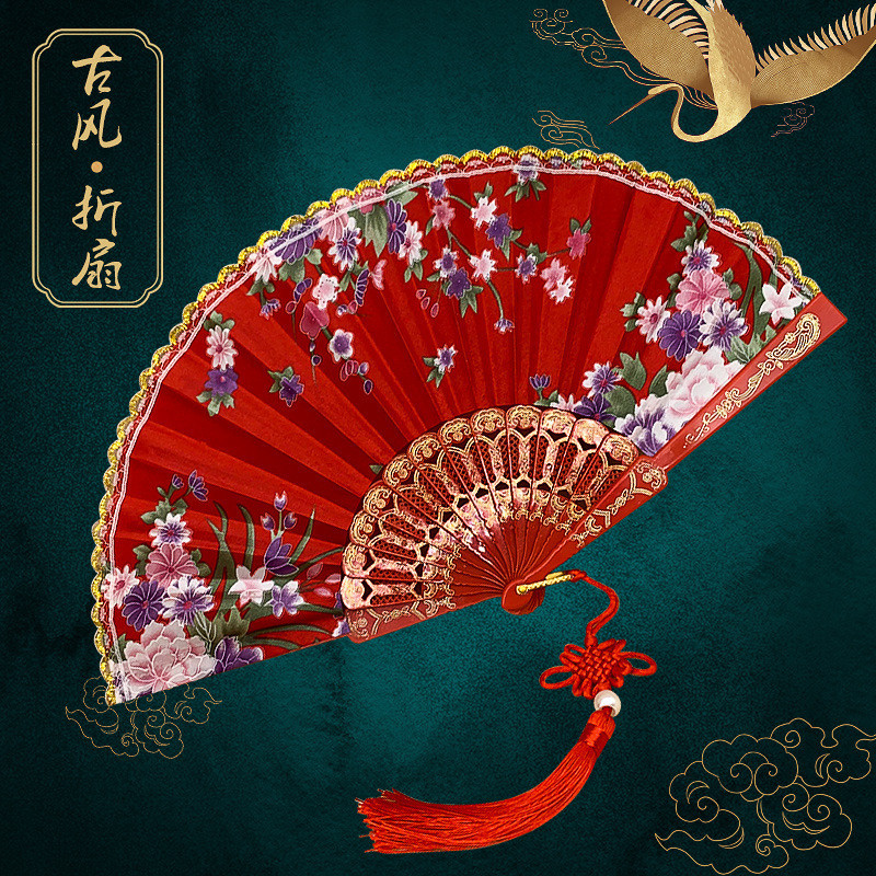 中國風 綢布金邊扇 古早舞蹈扇 扇子手工摺扇