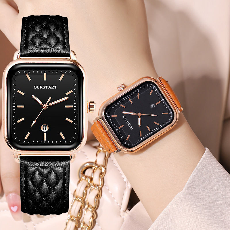 【台灣熱銷】抖音同款長方形皮帶手錶女 高顏值法式小眾石英女錶 帶日曆氣質學生