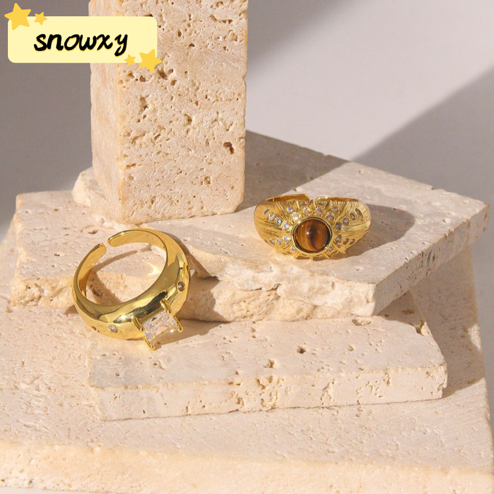 SNOWXY1復古虎眼石戒指,可調開度銅方形鑽石寬戒指,優雅金色拉絲圖案戒指