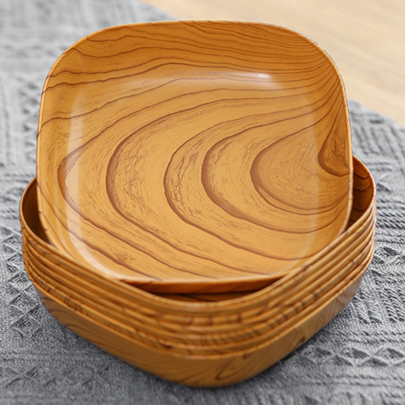 新款輕奢創意仿木紋塑膠吐骨盒下午茶點心托盤木紋碟高顏值水果盤