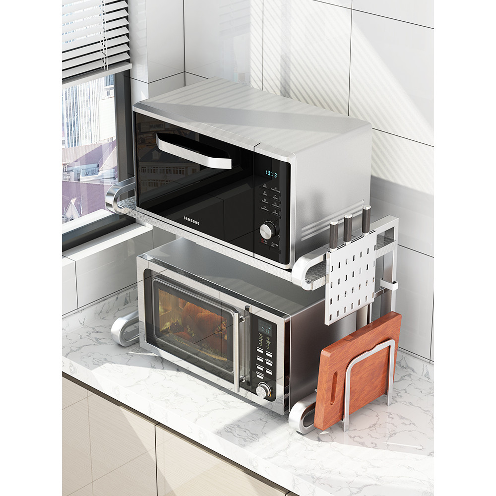 免運熱賣 304不銹鋼廚房置物架家用烤箱微波爐可伸縮雙層檯面2層桌面收納架