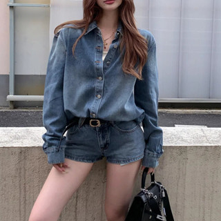 【特惠免運】褲子 牛仔褲 短褲 辣妹褲 美式時尚寬鬆翻領長袖外套女春季復古牛仔套裝休閒直筒短褲兩件套