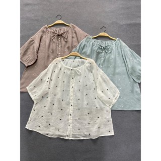 日系復古簡約甜美 小清新 天然亞麻波點刺繡 抽繩寬鬆襯衫上衣