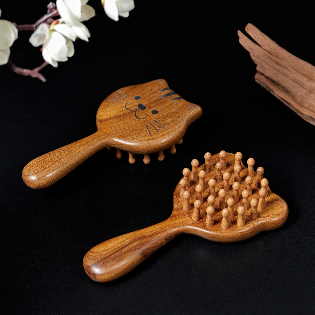 金絲檀木釘釘梳可愛熊小貓臉圓梳子實木長髮梳按摩梳卡粗齒經絡梳
