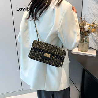 Lovito 優雅格紋毛小香風黑白格紋小斜揹包女 LFA62579