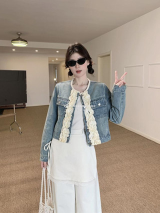 🔥臺灣出貨🔥 假兩件蕾絲拼接長袖牛仔外套 春夏新款復古氣質上衣女裝 設計感牛仔衫 丹寧外套 蕾絲拼接外套