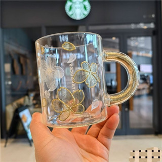 STARBUCKS 免費杯墊勺子和袋子 355ml 星巴克櫻花杯金鉤線鑽石玻璃手柄咖啡水杯