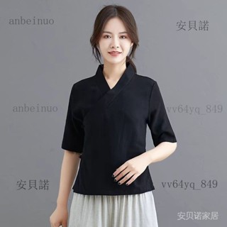 a849 中國風中式茶服禪意藝文顯瘦改良漢服大尺碼300斤唐裝女夏旂袍上衣【安貝諾】
