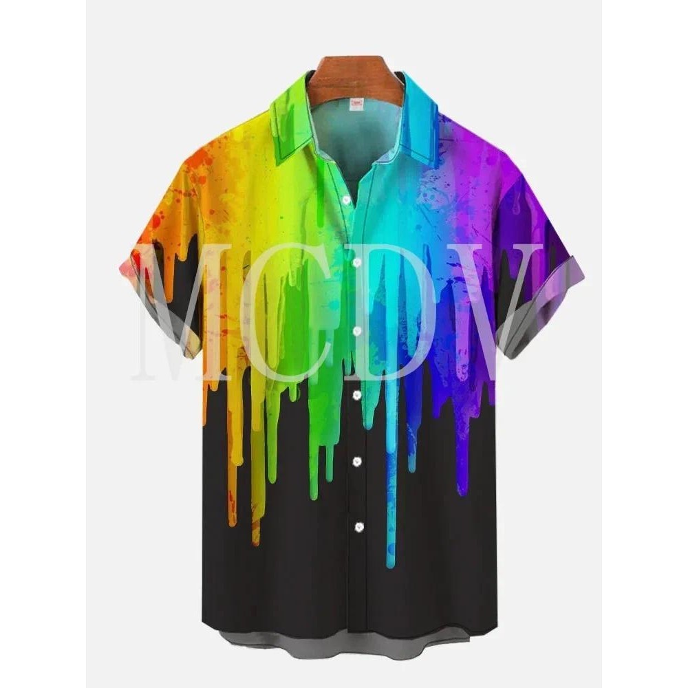 有趣的油漆飛濺 Rainbow3D 全身印花夏威夷襯衫男士女士休閒透氣夏威夷短袖襯衫