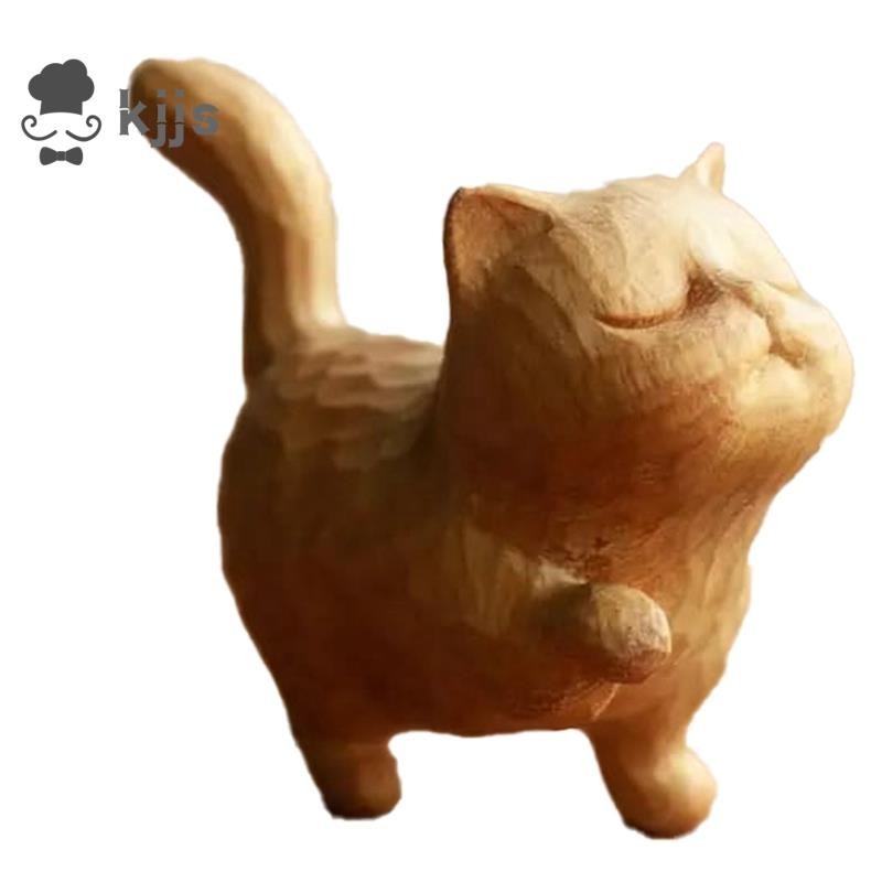 黃楊木雕刻貓現代童趣貓房屋裝飾黃楊木雕刻貓可愛簡約傲慢富貴小貓把手動物擺件