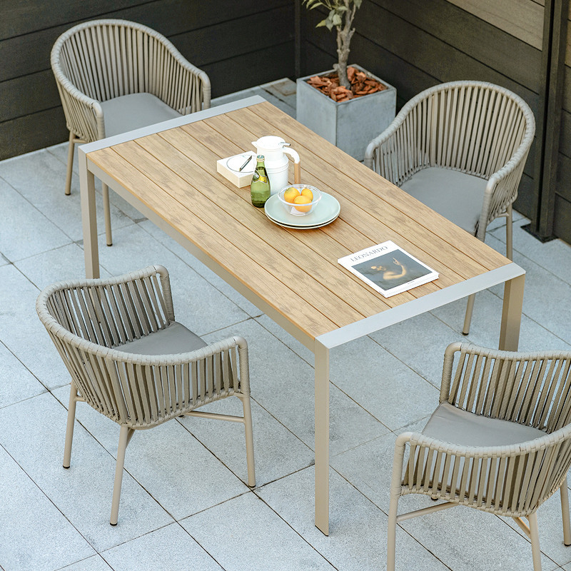 『 卡門 · KM 』戶外庭院休閑桌椅花園休閑鋁合金藤椅塑木餐桌椅組合桌子椅子