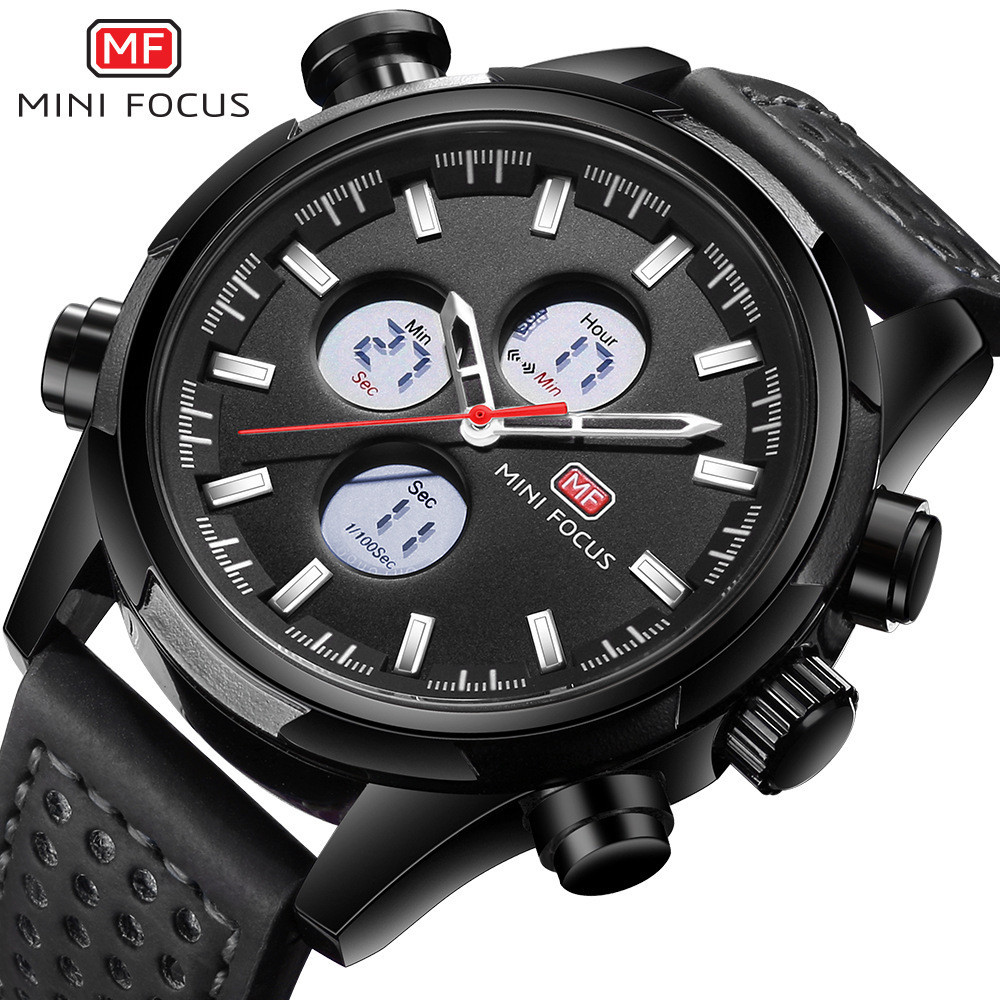 MINI FOCUS正品運動石英男表 雙模雙顯 夜光防水 真皮錶帶男士手錶腕錶0066G-M157