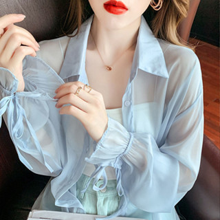 雪紡防曬襯衫女薄款夏季外搭小外套2024年新款蝴蝶結休閒長袖防曬衣 女生襯衫 上班族上衣 緊身襯衫 襯衫女裝