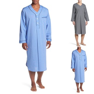 男士寬鬆 V 領長袖睡衣睡衣舒適棉質睡衣上衣