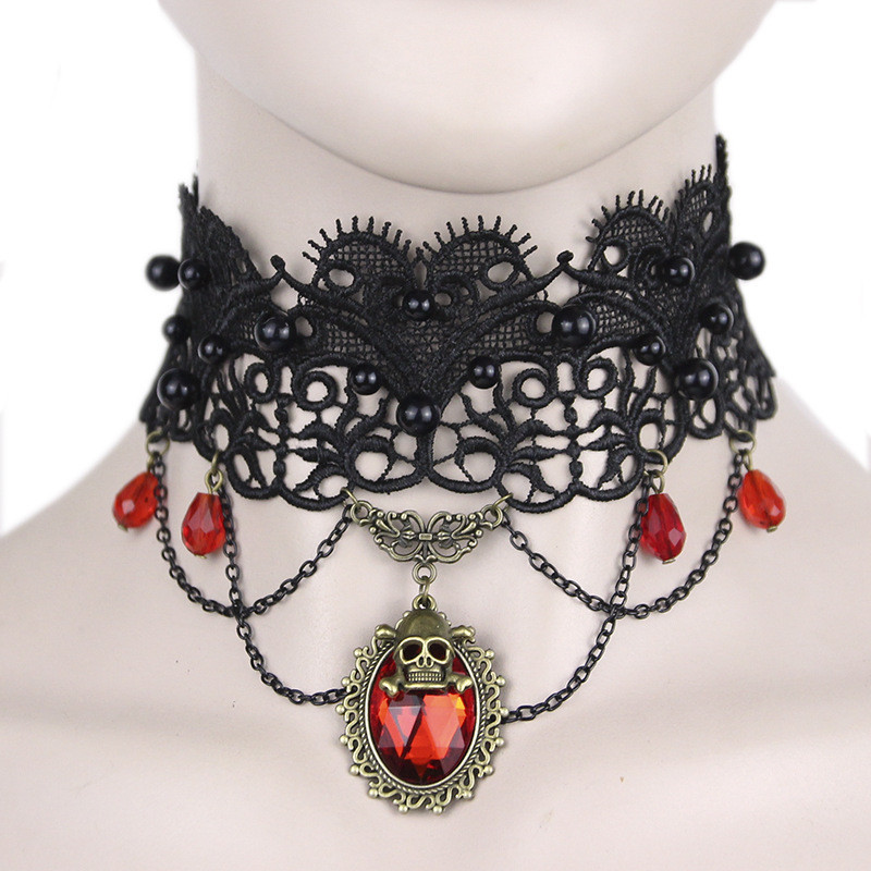 歐美復古項鍊女士黑色蕾絲頸鍊骷髏頭哥特萬聖節日配飾品