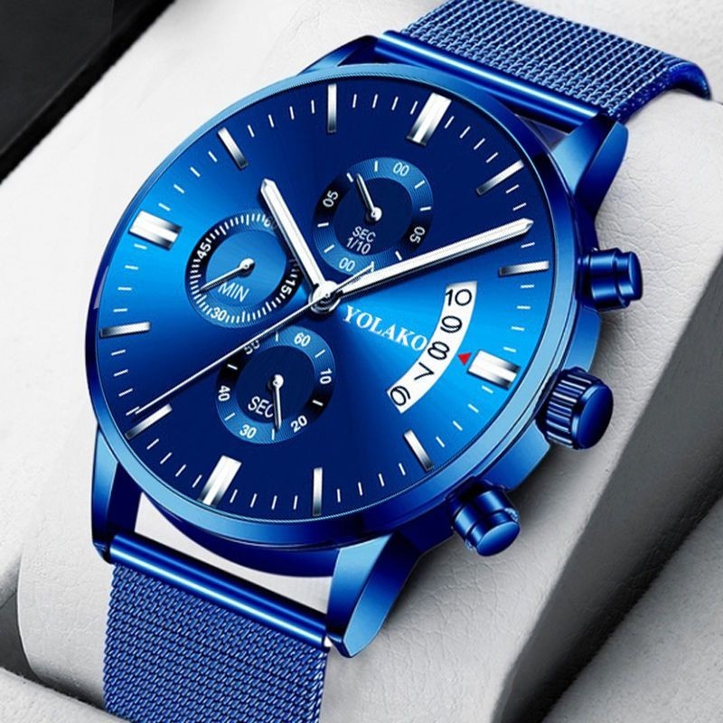 魅藍時尚男士日曆手錶韓版潮流男款不鏽鋼石英錶YOLAKO正品腕錶5.17