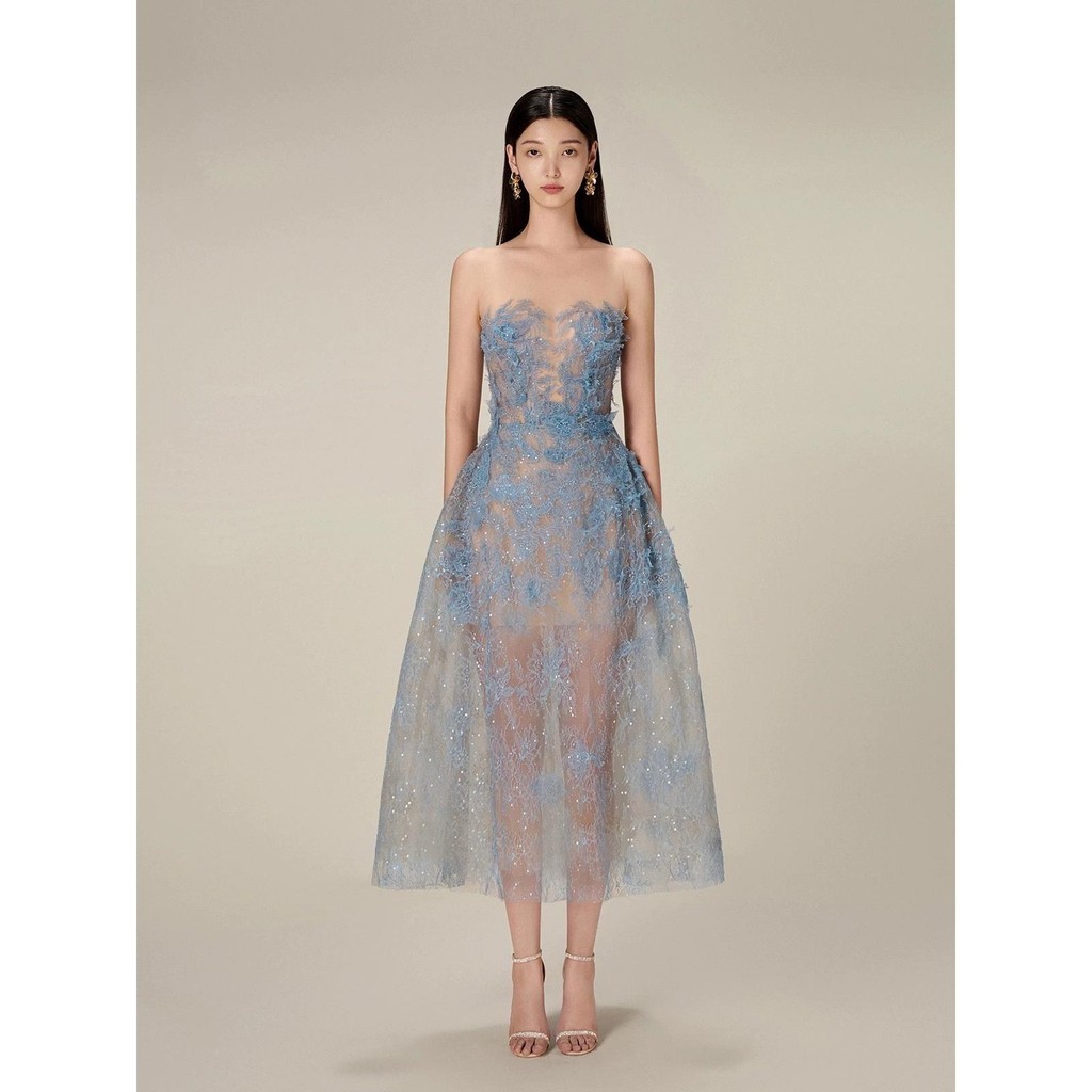輕奢小眾蕾絲洋裝越南設計師氣質立體花朵亮片透視重工抹胸禮服