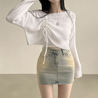 DayDay少女｜今夏BI入~韓妞超愛！純慾抽繩蝴蝶結防曬罩衫 冰絲長袖針織衫 一字領套頭毛衣 女生上衣