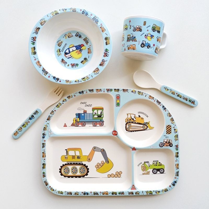 工程車兒童餐盤分格盤男孩餐具嬰寶寶吃飯輔食叉勺碗挖機鉤機禮盒
