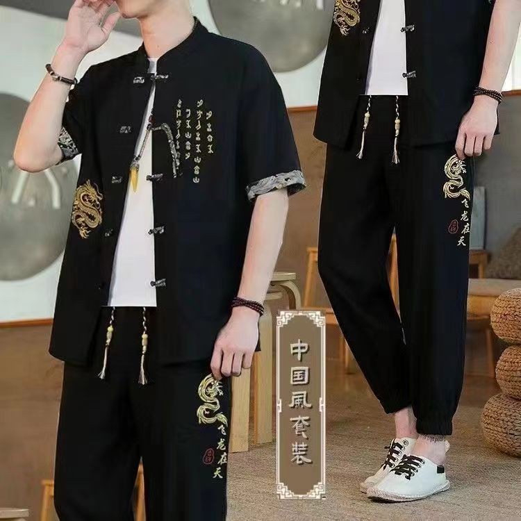 亞麻冰絲套服上衣+褲子民族風盤扣龍紋刺繡男女情侶款大尺碼棉麻套服裝棉麻短袖襯衫棉麻休閒褲唐裝漢服居士服禪服太極服