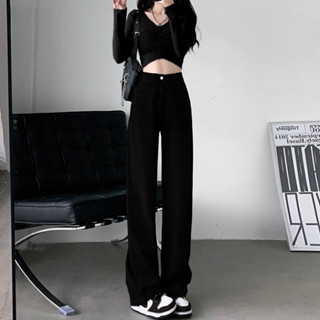 復古高腰闊腿牛仔褲女 黑色牛仔褲 寬鬆闊腿牛仔褲 顯瘦牛仔褲 直筒褲 小個子窄版寬褲子 夏季薄款女裝 大碼胖mm梨形身材