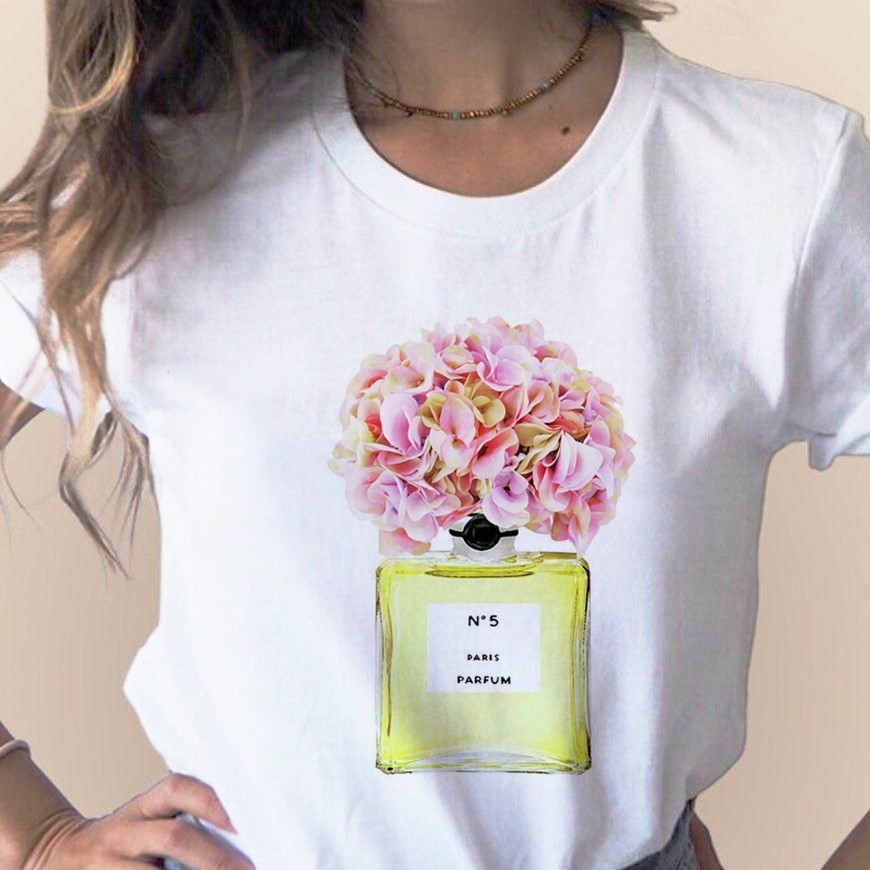 foao888現貨Flower Perfume Bottle花卉香水瓶美白色短袖T恤女原宿風圓領上衣