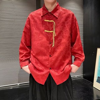 新中式中國風盤扣刺繡長袖襯衫男 設計感高級唐裝道袍襯衫外套春