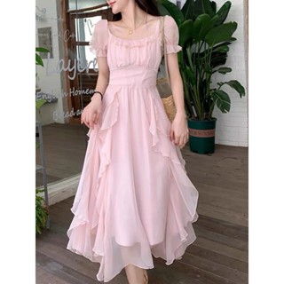 法式浪漫粉色長款洋裝 新款設計感小眾別緻洋裝 有內裏 絕美氣質溫柔風連身裙 度假風洋裝 粉色蛋糕裙