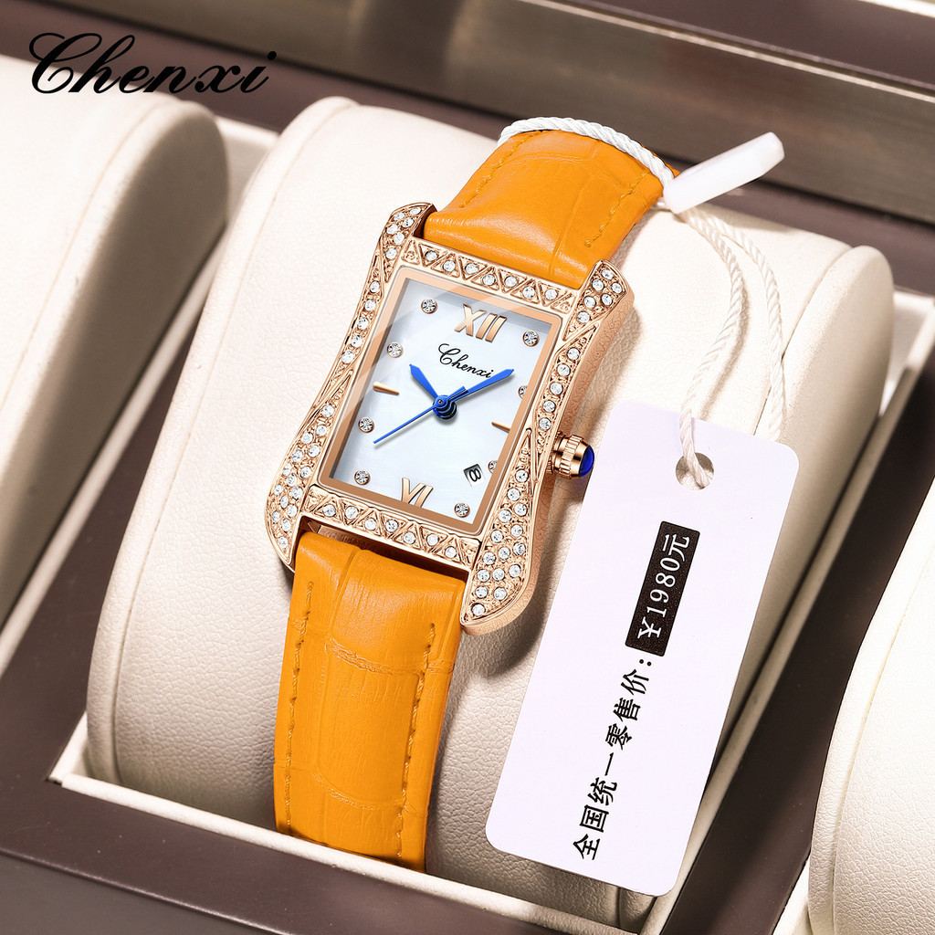 CHENXI手錶 CX-318 真皮 鑲鑽 石英 防水 日曆 高級女士手錶