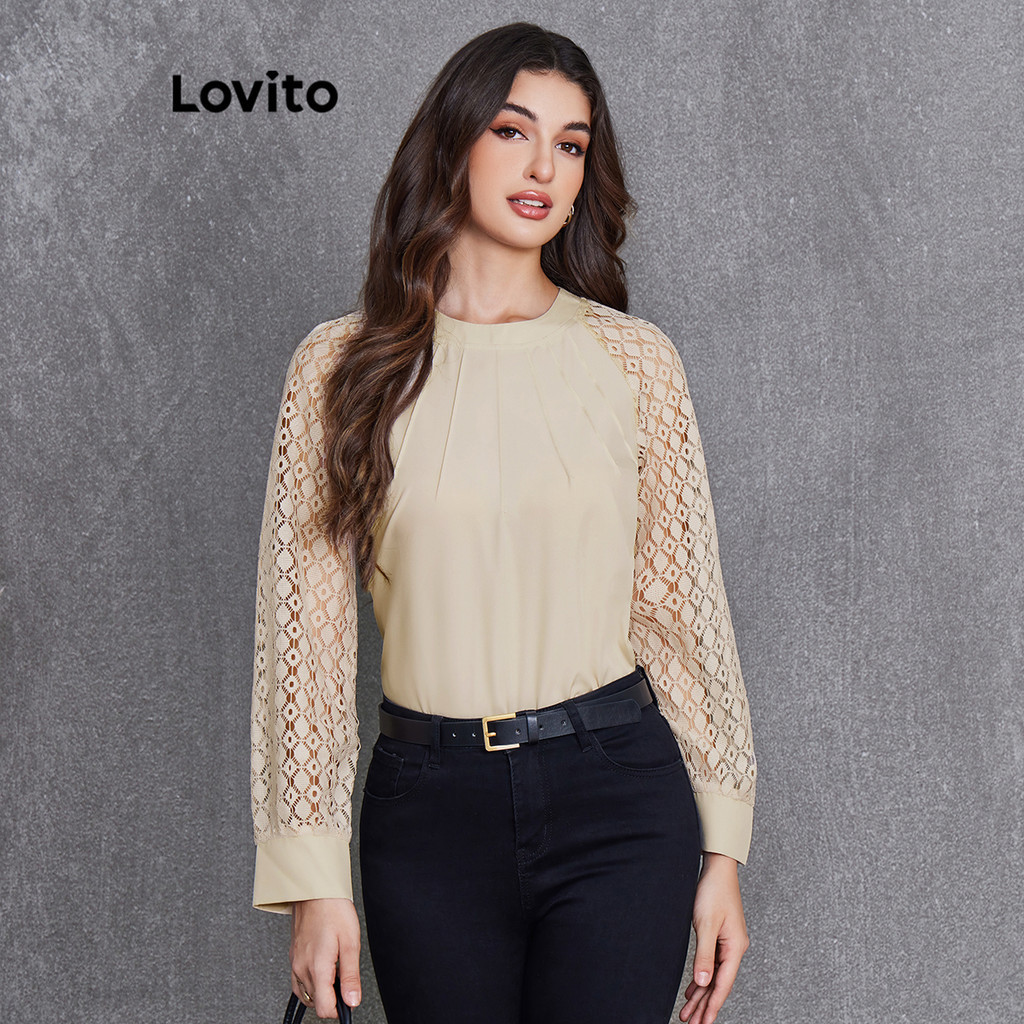 Lovito 女士休閒素色蕾絲襯衫 LBL20154